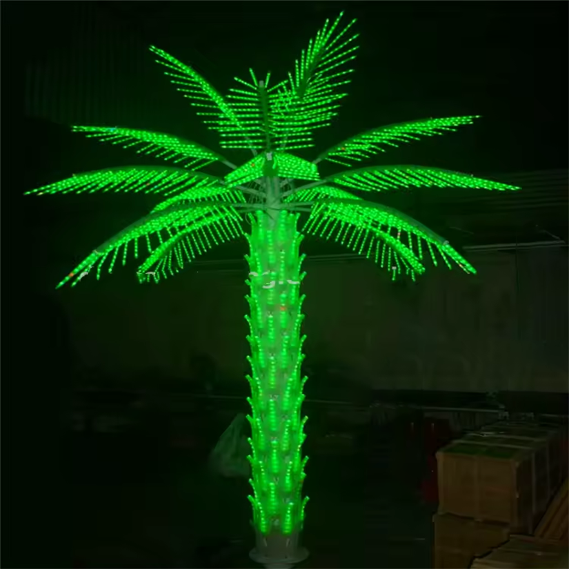 Green LED palm tree light 2.5m (8.2ft) on black background, vivid tropical lighting for yard decor