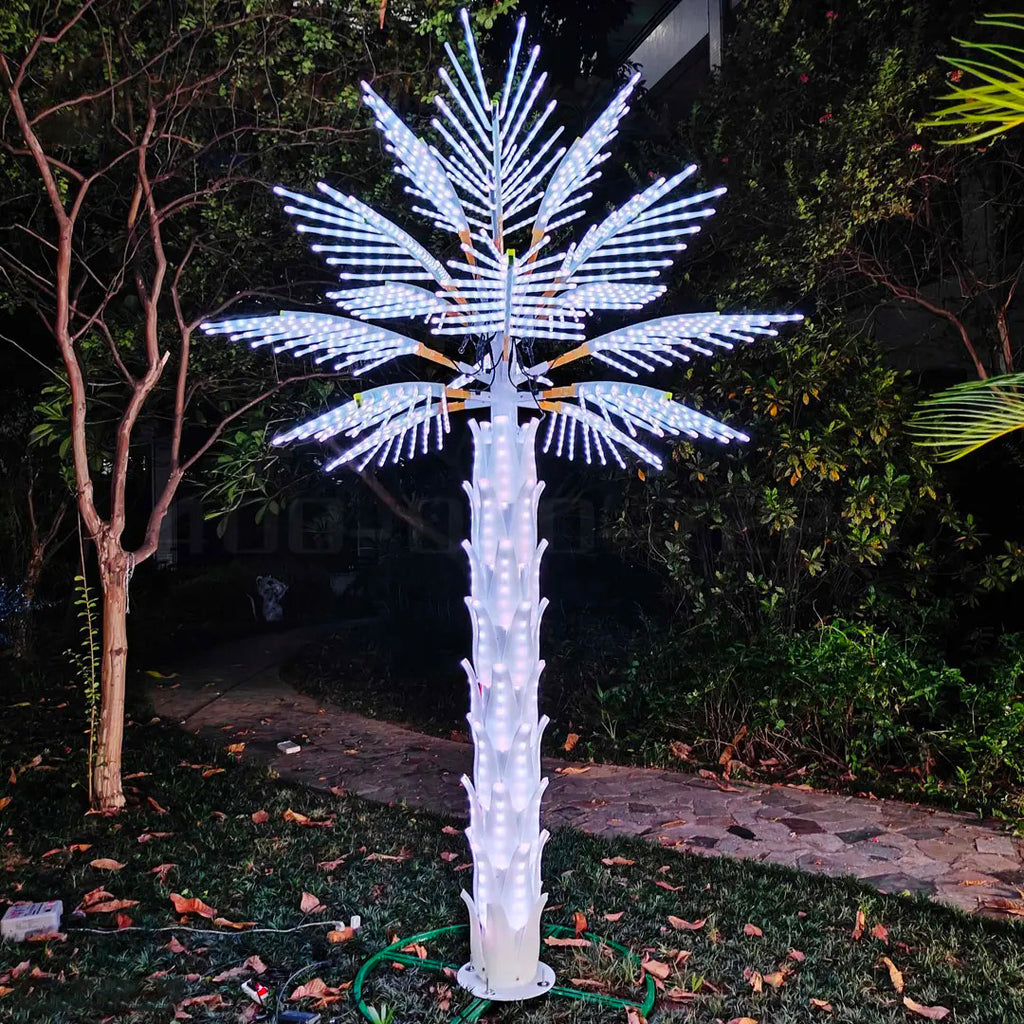 White LED palm tree light 2.5m (8.2ft) at night, bright decorative lighting for outdoor spaces