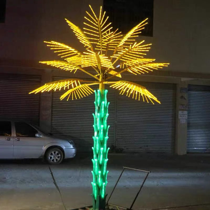 2.5m LED palm tree light with yellow leaves and cyan trunk glow, decorative lighting for patios and gardens