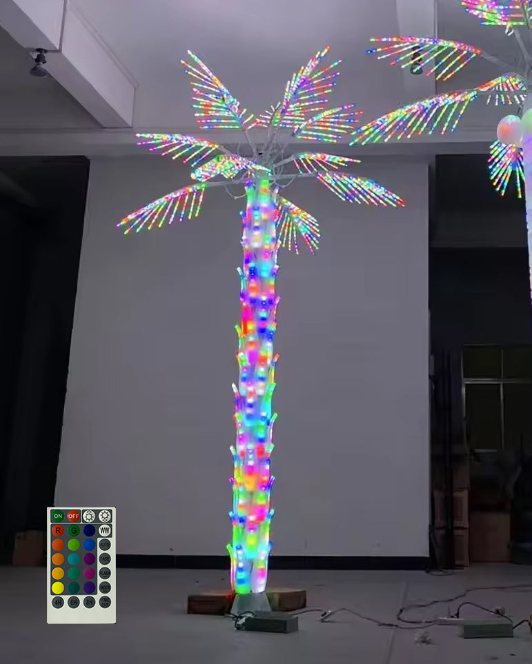 Color-changing LED palm tree light 2.5m (8.2ft) shown indoors, fun mood lighting for home decor