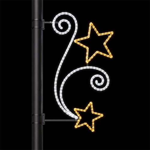 Outdoor White Scroll Double Gold Star Street Pole LED Motif Light