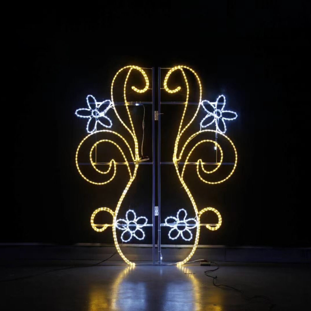 Outdoor gold floral scroll street pole LED motif light installed view
