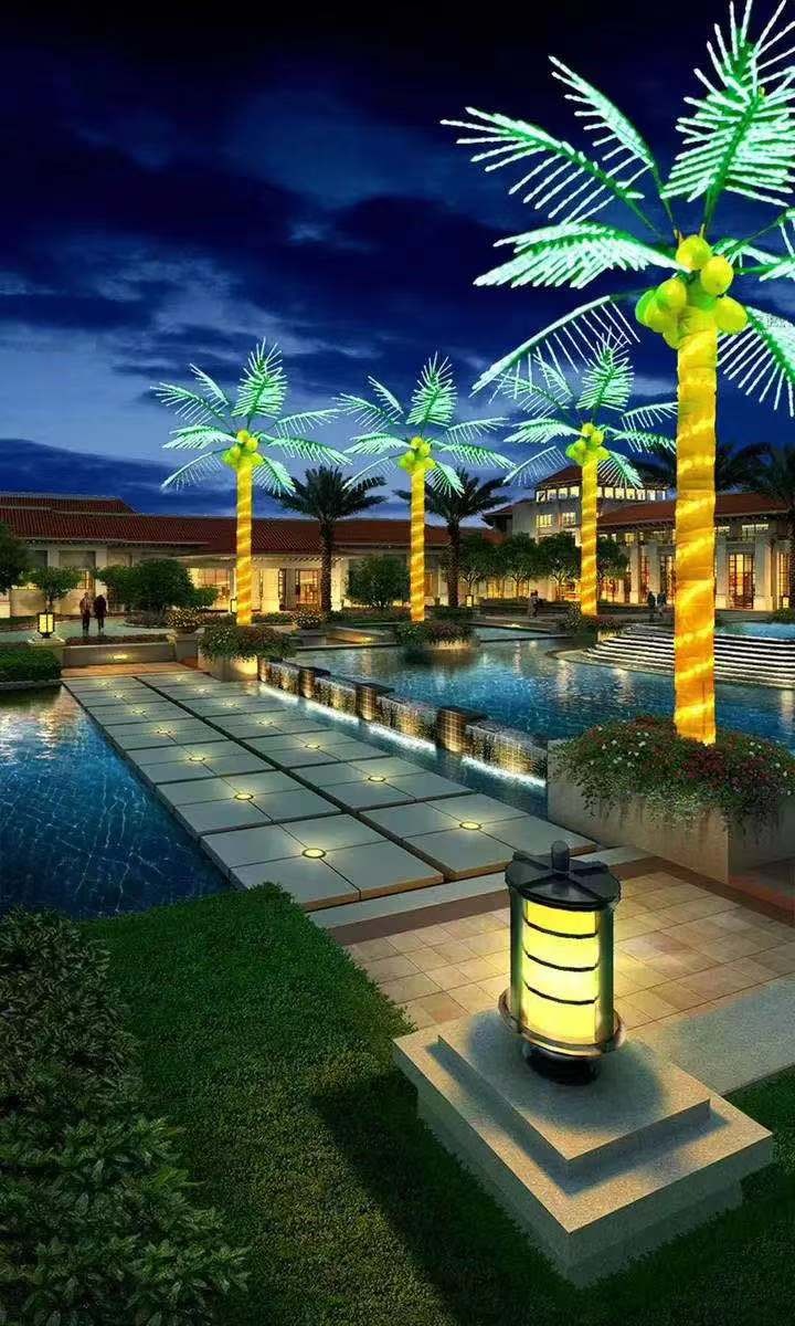 Commercial 4m (13ft) IP65 LED coconut/palm tree light installed for outdoor landscape projects, plazas and resorts