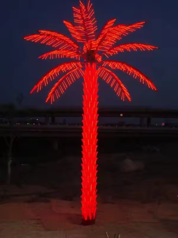 4m LED palm tree light in red, IP65 outdoor decorative lighting for gardens and commercial spaces