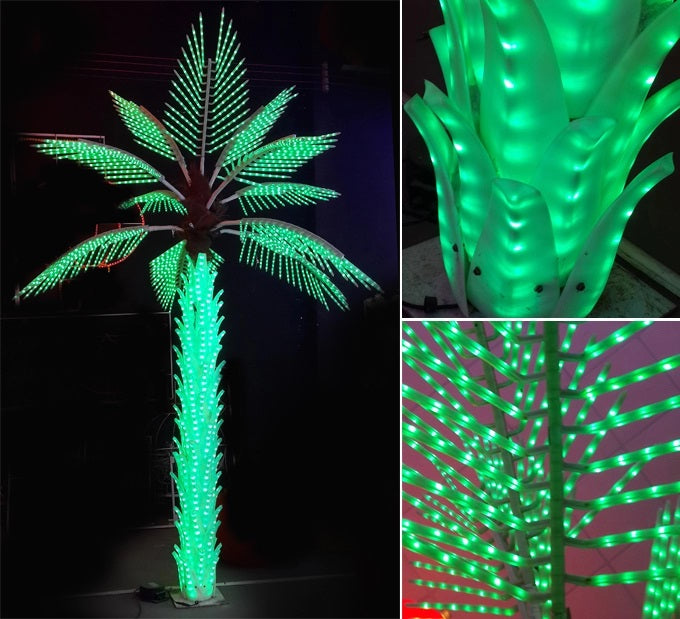 Close-up detail of LED palm tree light leaves and structure, 4m model with 12 leaves for long-term outdoor use