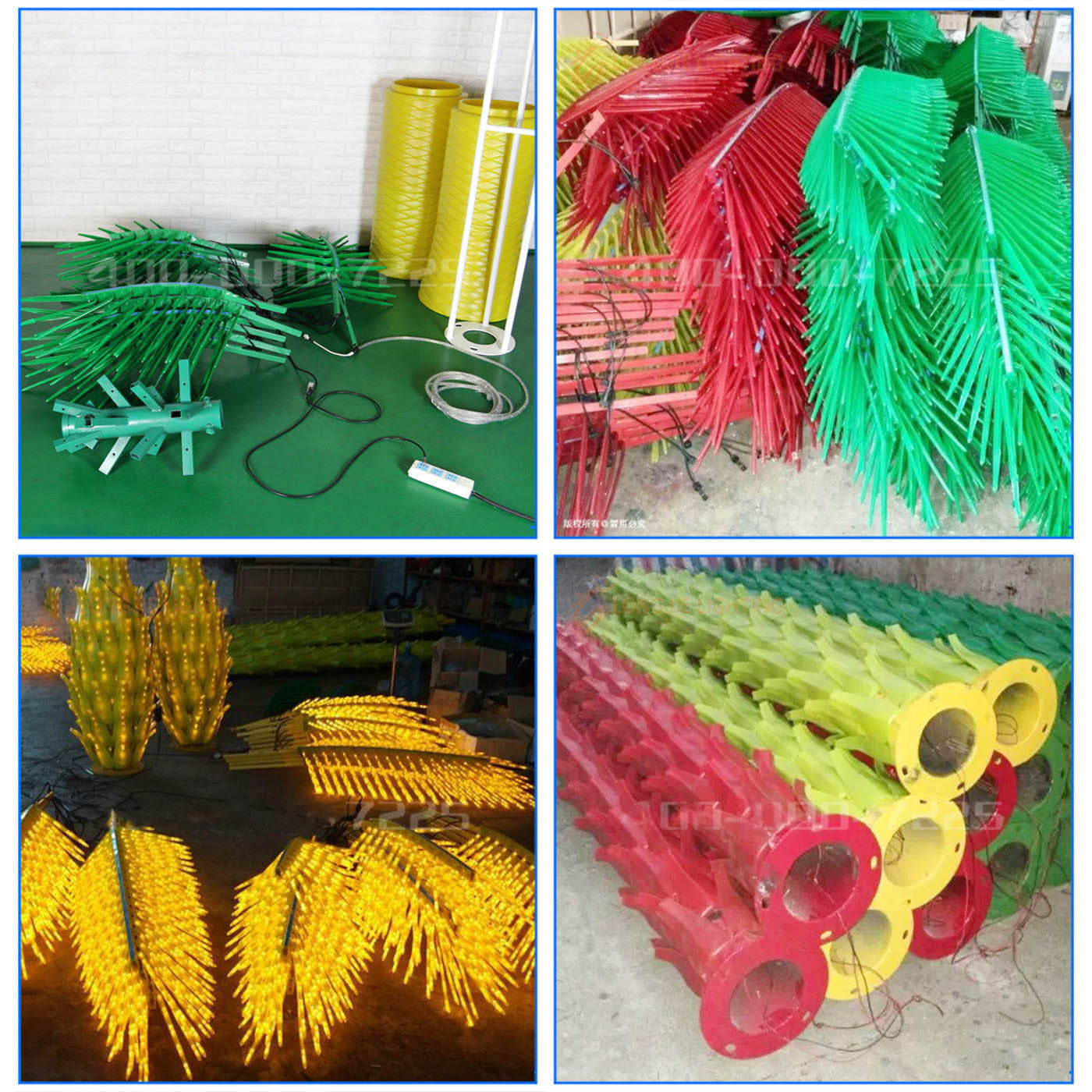 Close-up detail of LED palm tree light leaves and structure,4m model with 12 leaves for long-term outdoor use