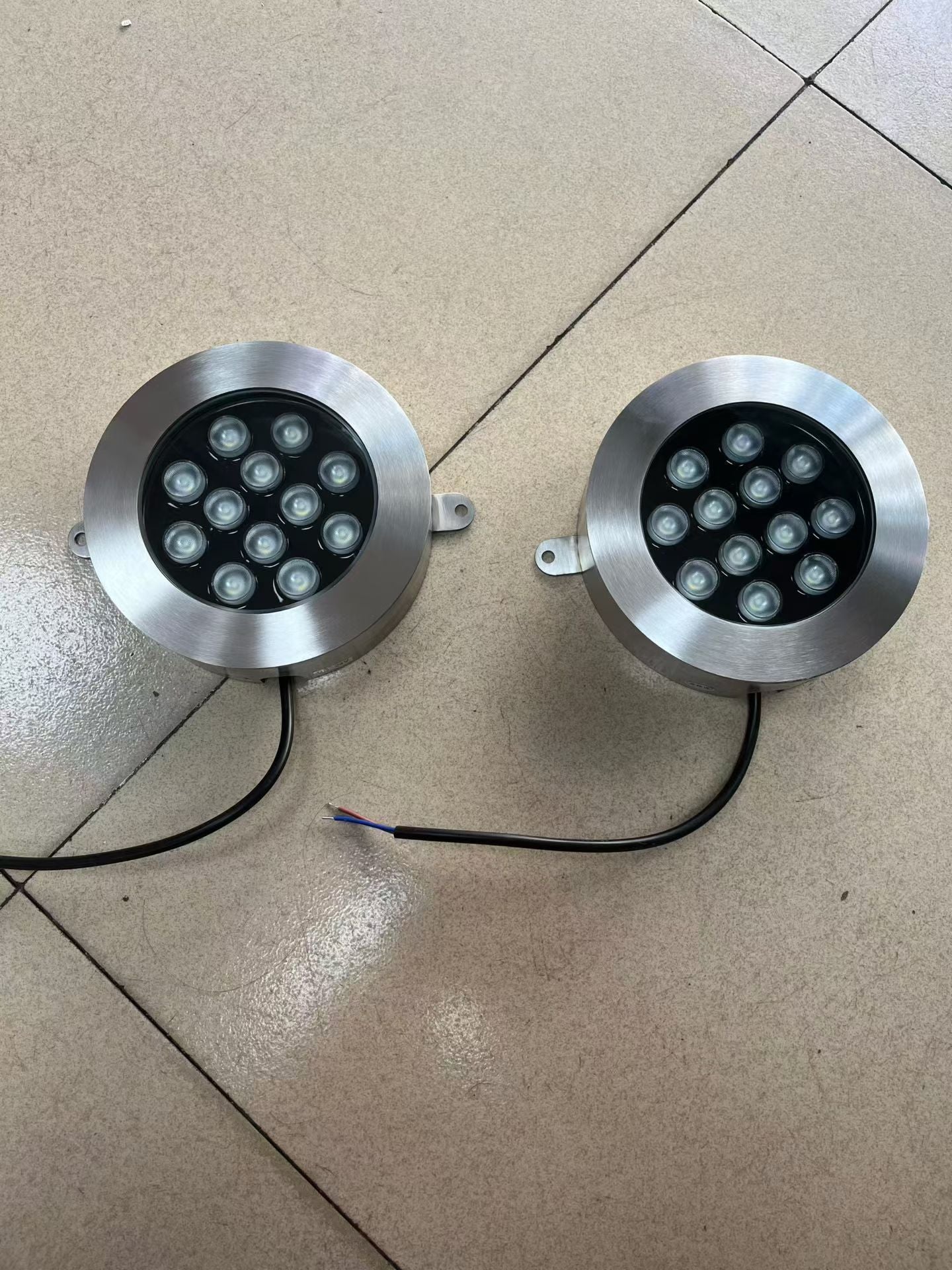 Blue LED underwater lights installed in a fish pond