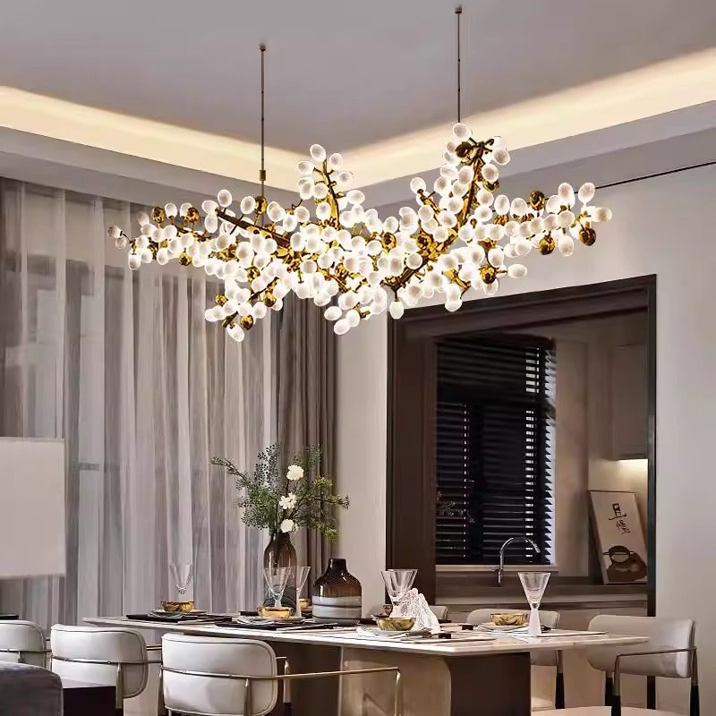 Modern organic white glass chandelier with gold metal frame