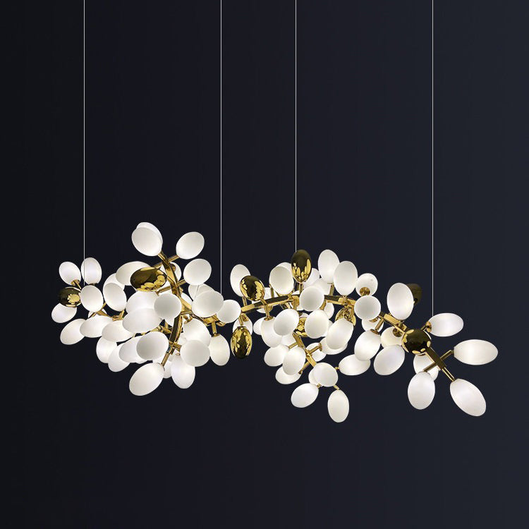 Modern organic white glass chandelier with gold metal frame