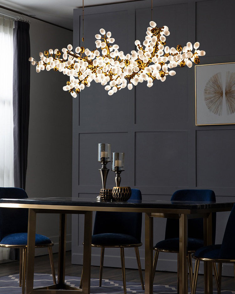 Modern organic white glass chandelier with gold metal frame