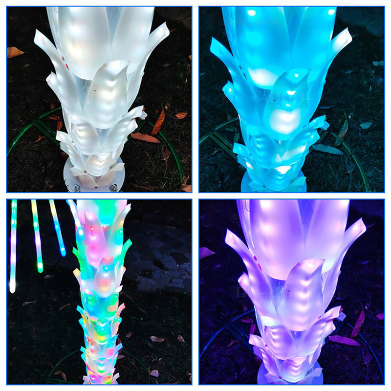 Close-up detail of LED palm tree light leaves and structure, 3m model with 16 leaves for long-term outdoor use