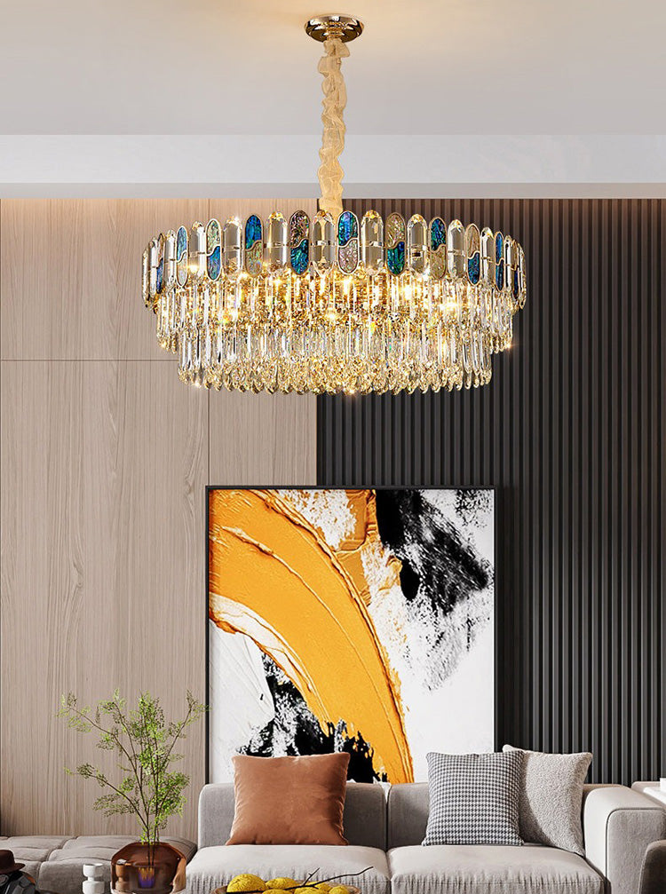 Round blue abalone crystal glass chandelier in modern living room