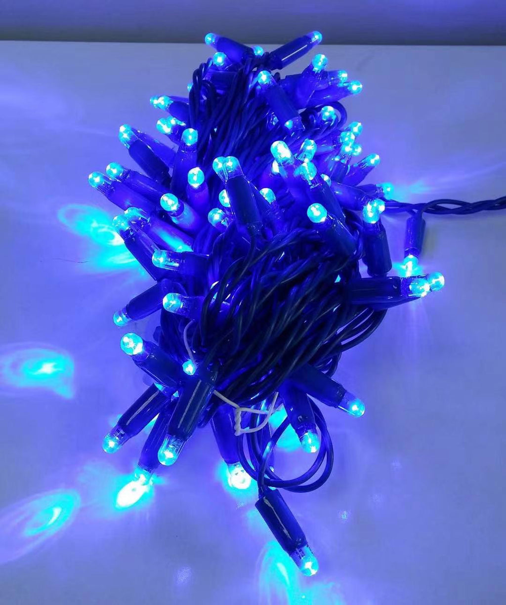 Blue rubber wire LED string lights with black wire close up