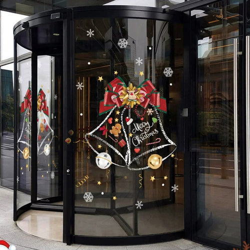 Christmas bell static window cling with red bow, snowflakes and Merry Christmas lettering