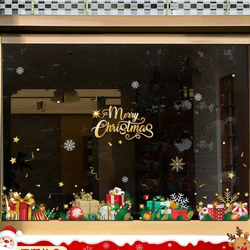 Christmas gift box static window cling with presents, snowflakes and Merry Christmas lettering