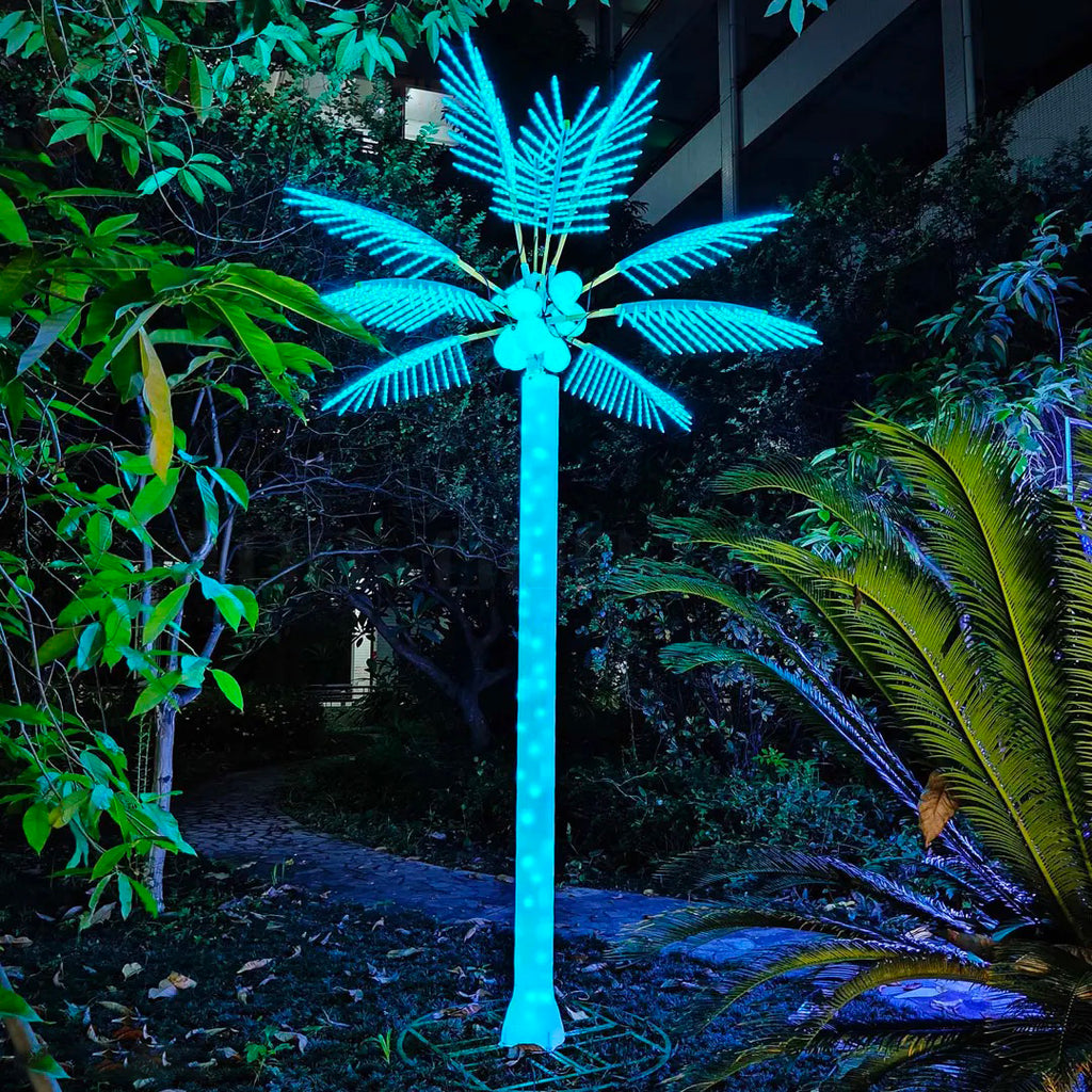 3m LED palm tree light in cyan, IP65 outdoor decorative lighting for gardens and commercial spaces