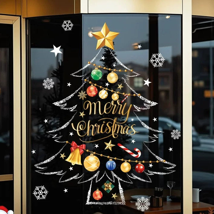 Elegant Christmas tree static window cling with gold ornaments and Merry Christmas lettering