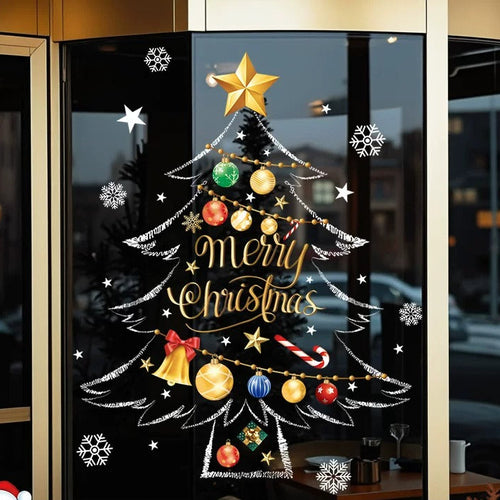 Elegant Christmas tree static window cling with gold ornaments and Merry Christmas lettering