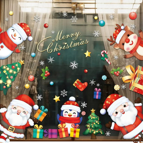 Family Christmas static window cling with Santa, snowman, reindeer, gifts and snowflakes