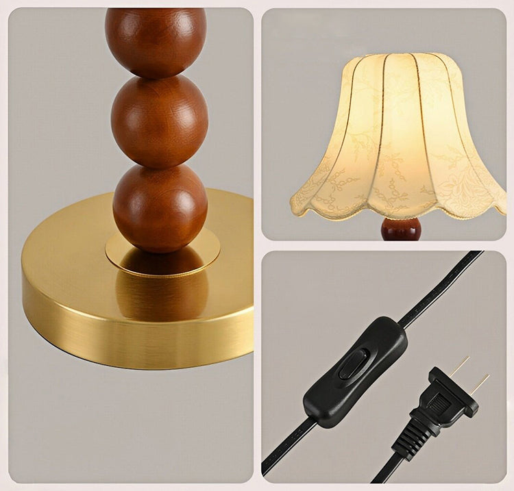 Details of wooden bead base floral lampshade and plug of French floral fabric table lamp