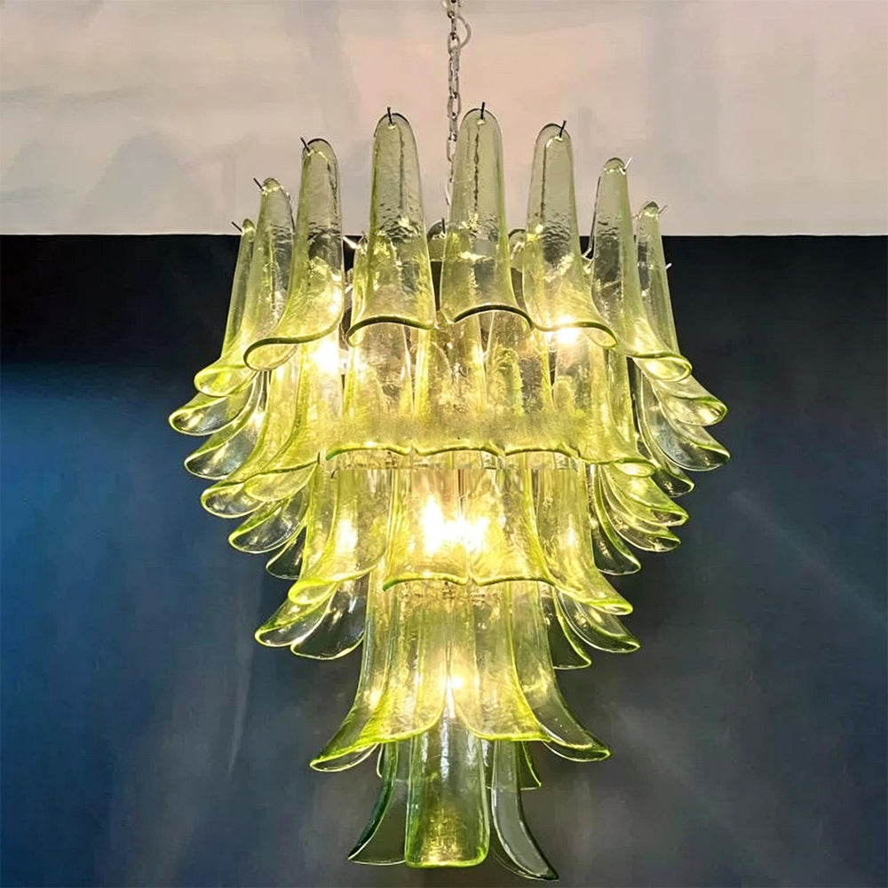 Green Murano glass petal chandelier hanging in luxury interior