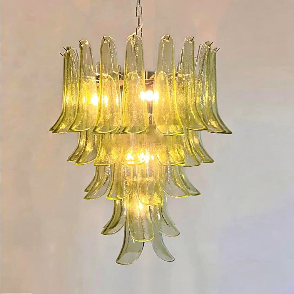 Close-up of handblown green Murano glass petals on chandelier