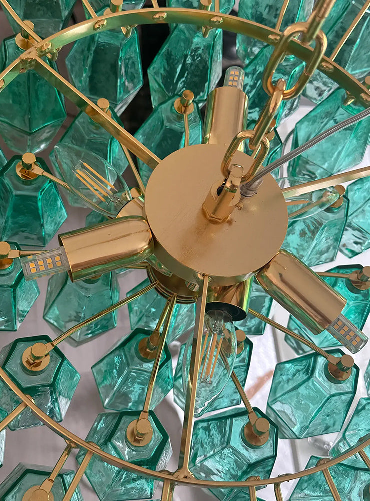 Green Poliedri Murano glass chandelier with gold frame