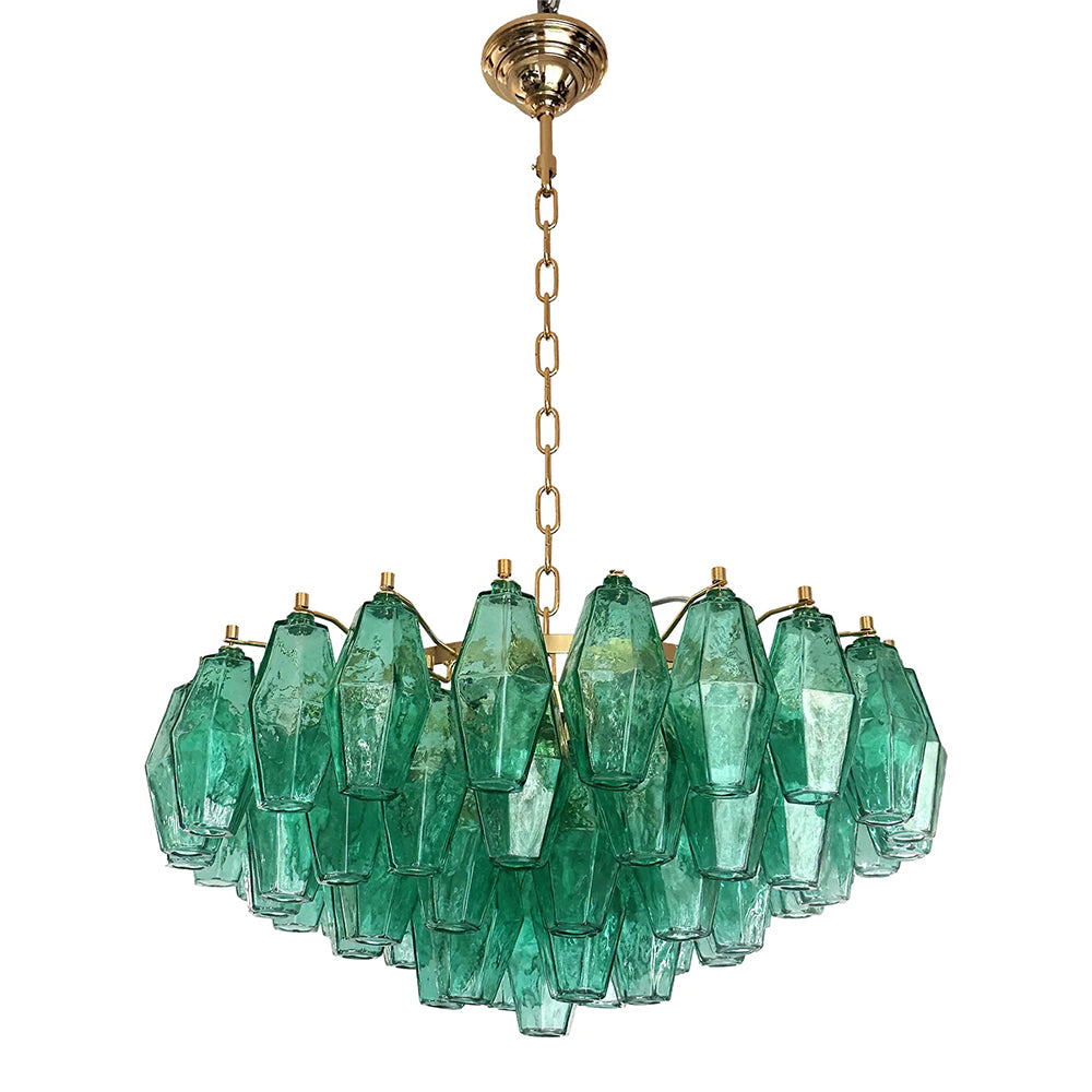 Green Poliedri Murano glass chandelier with gold frame