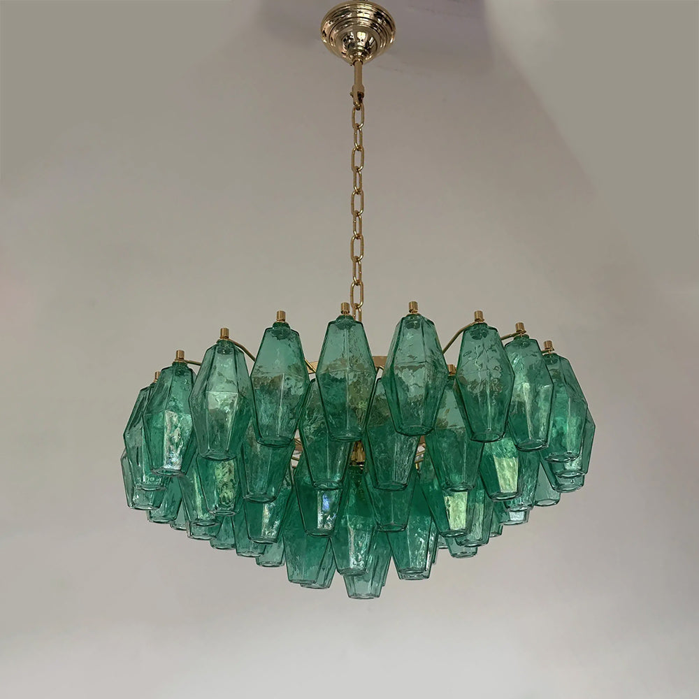 Close-up of green Poliedri Murano glass pieces on chandelier