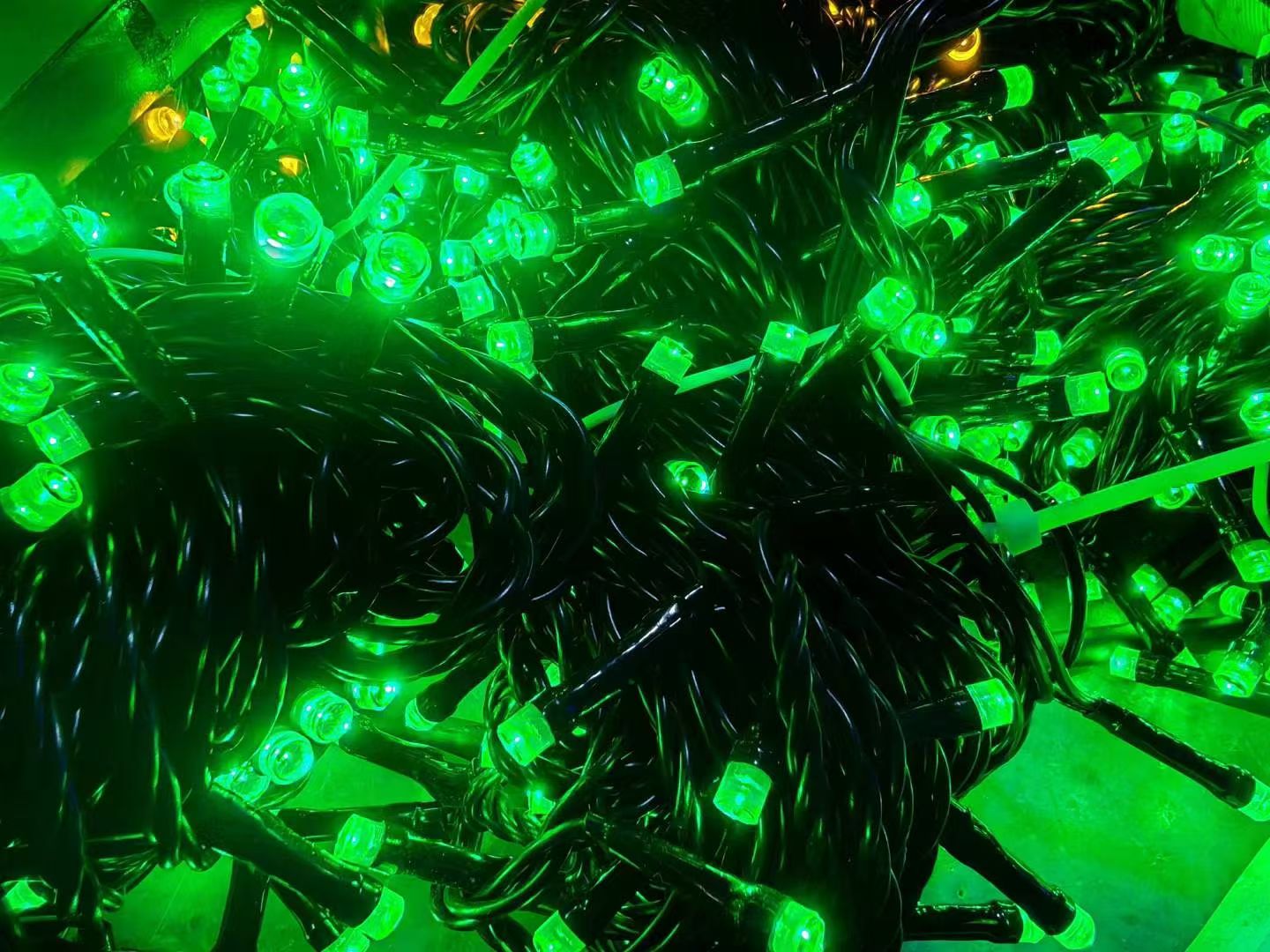 Green rubber wire LED string lights with black wire factory close up