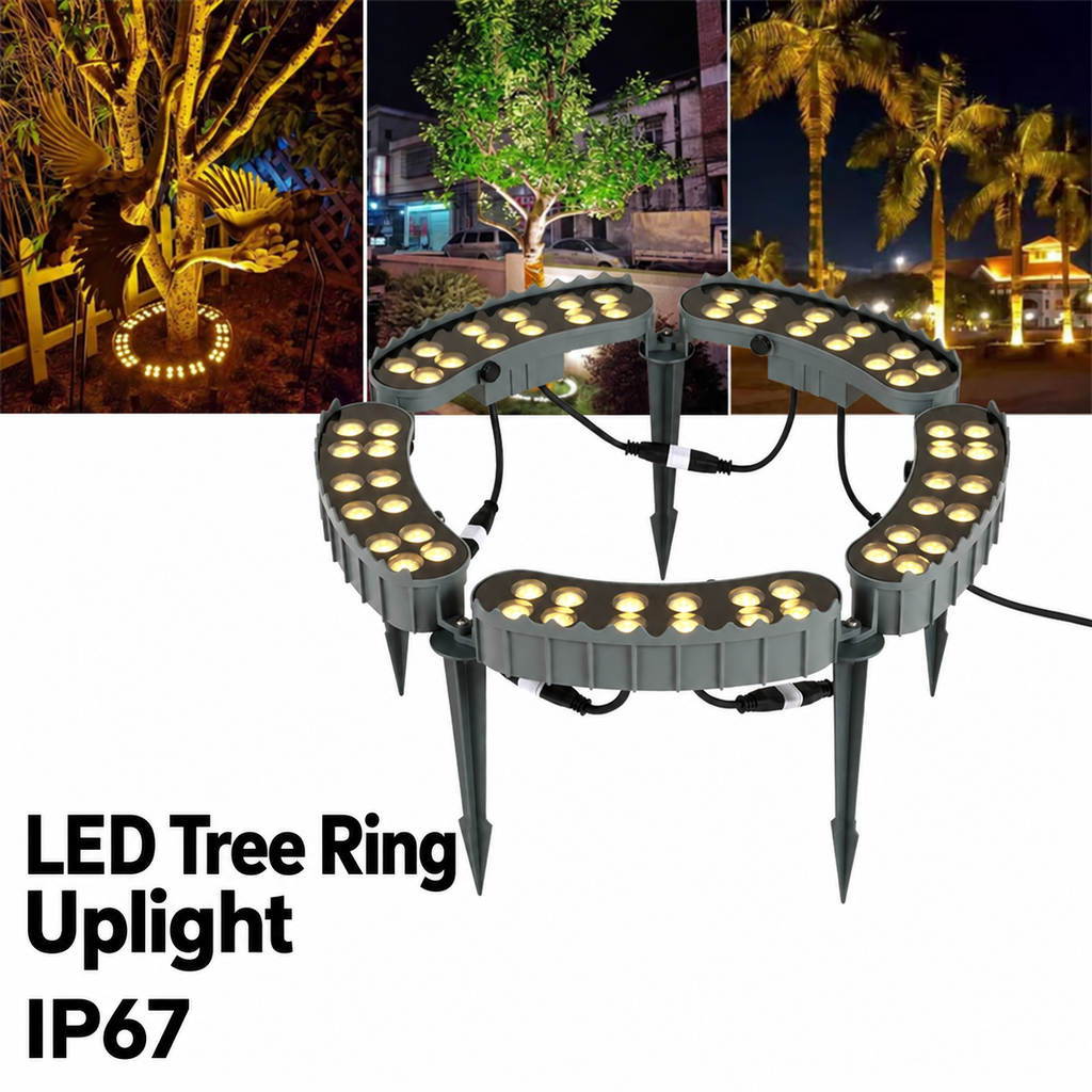 IP67 LED tree ring uplight with ground spikes and examples of illuminated trees and palm trees at night.