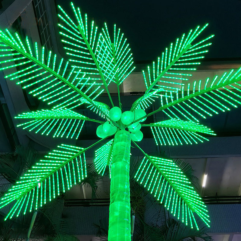 LED palm tree leaf canopy close-up showing dense lighting effect for premium outdoor decoration