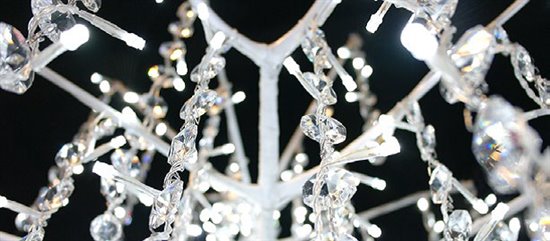 Crystal branch detail on LED crystal tree light, hanging crystals with bright LED fairy string lights