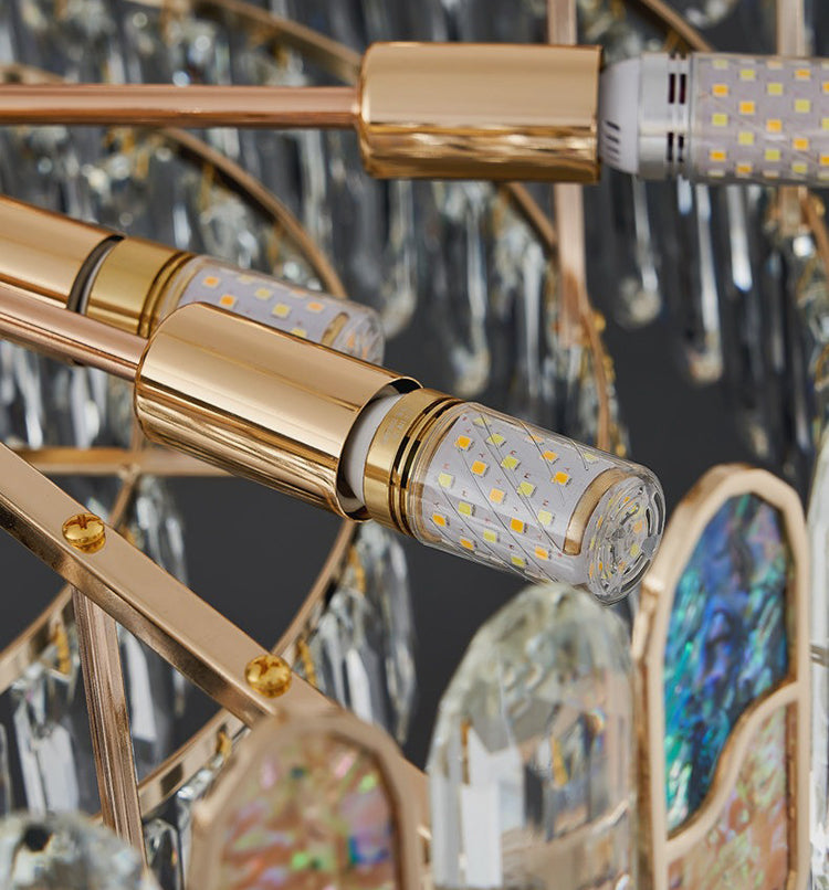 LED light source detail of blue abalone crystal chandelier