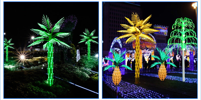 Collage of LED palm tree light color options and outdoor scenes, 2.5m decorative palm for home landscapes