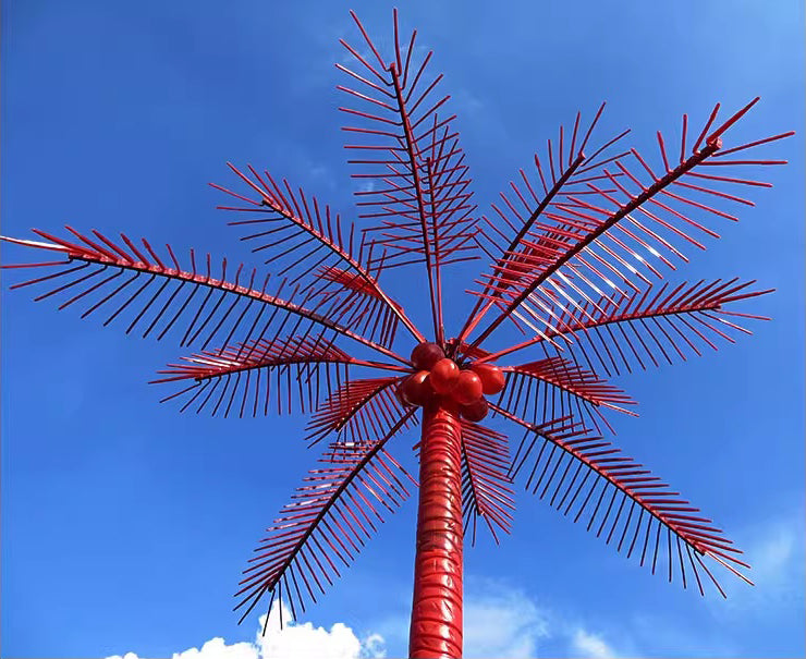 Red LED palm tree light outdoor display, decorative tropical lighting for plazas and resorts