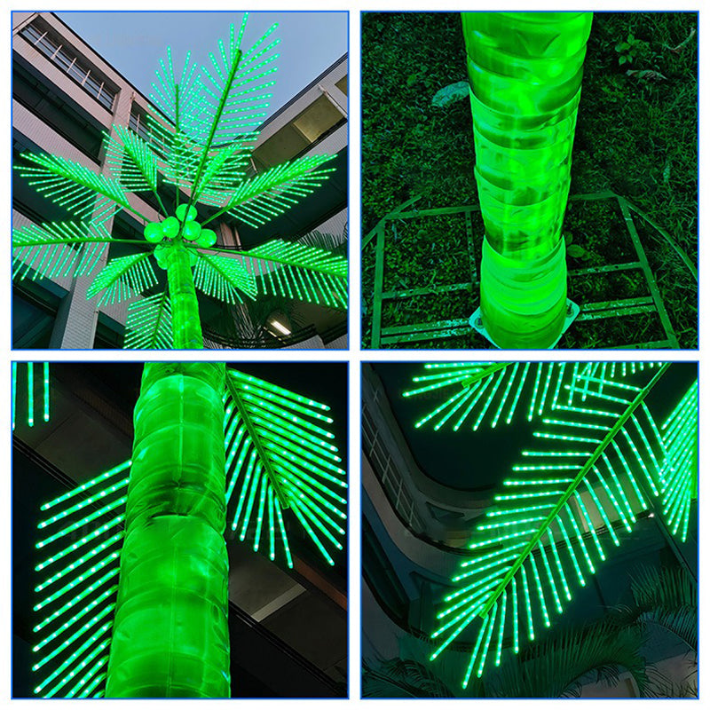 LED palm tree light trunk and leaf structure detail, durable build for outdoor long-term use