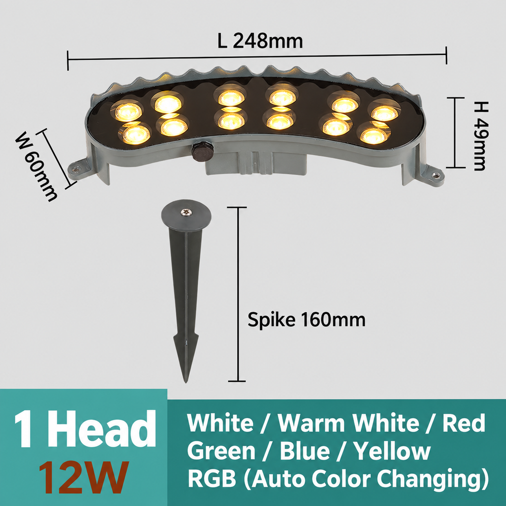 Single-head 12W LED tree ring uplight dimensions: L248mm W60mm H49mm with 160mm ground spike and seven lighting colors