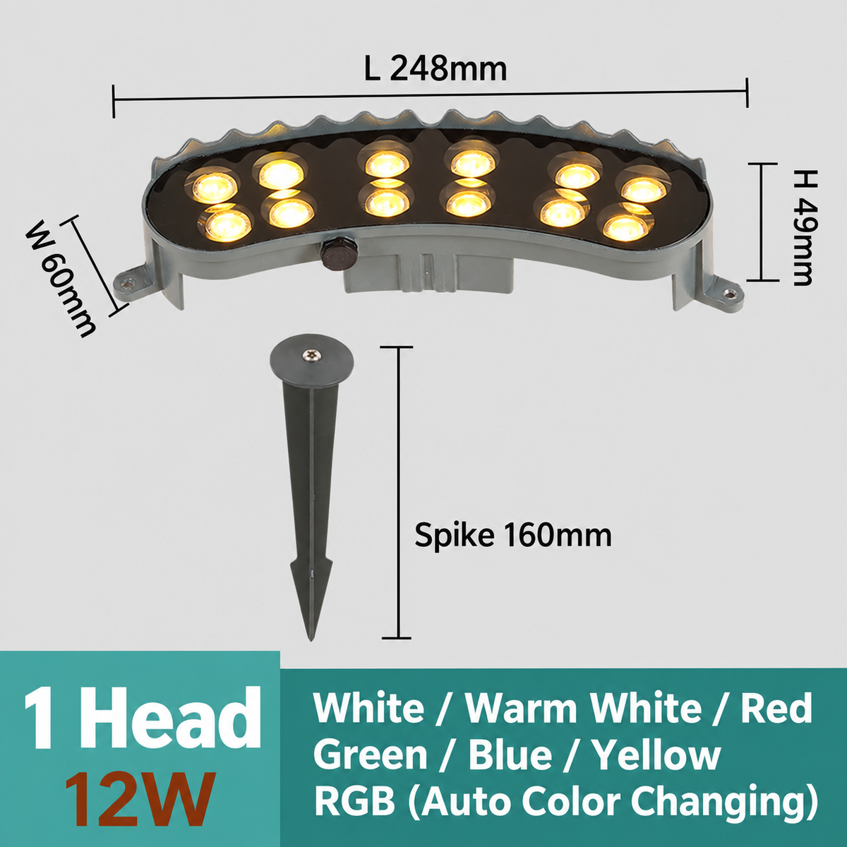 Single-head 12W LED tree ring uplight dimensions: L248mm W60mm H49mm with 160mm ground spike and seven lighting colors