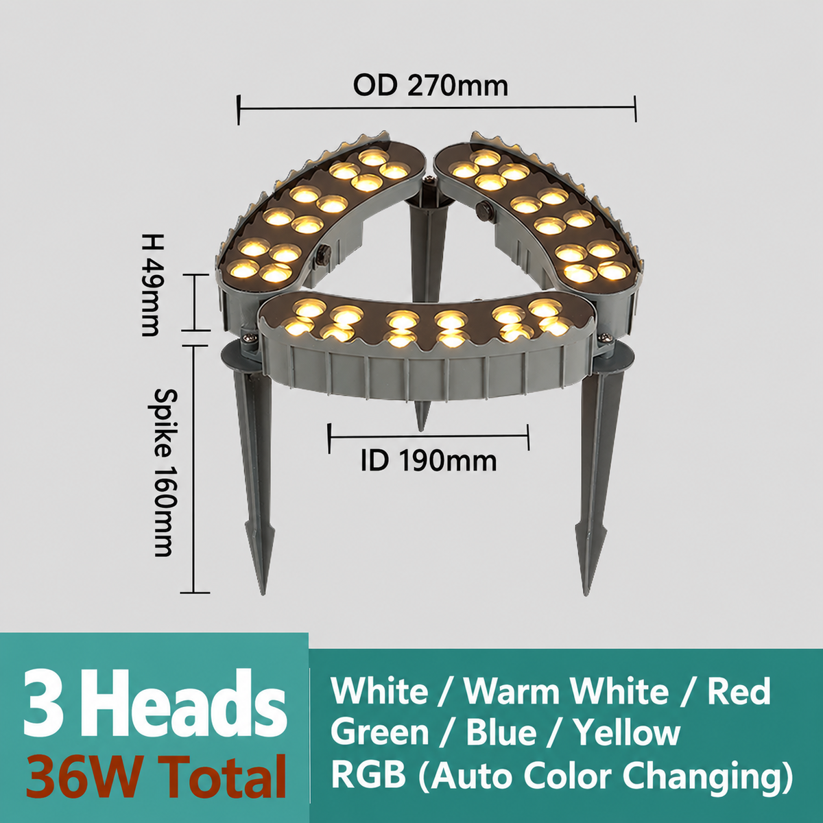 3-head 36W LED tree ring uplight, OD270mm ID190mm H49mm, 160mm ground spikes and seven lighting colors