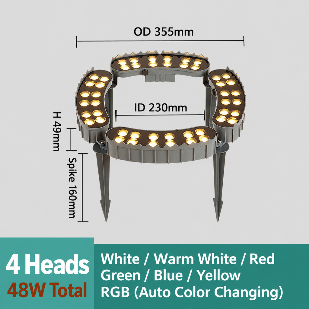 4-head 48W LED tree ring uplight, OD355mm ID230mm H49mm, 160mm ground spikes and seven lighting colors