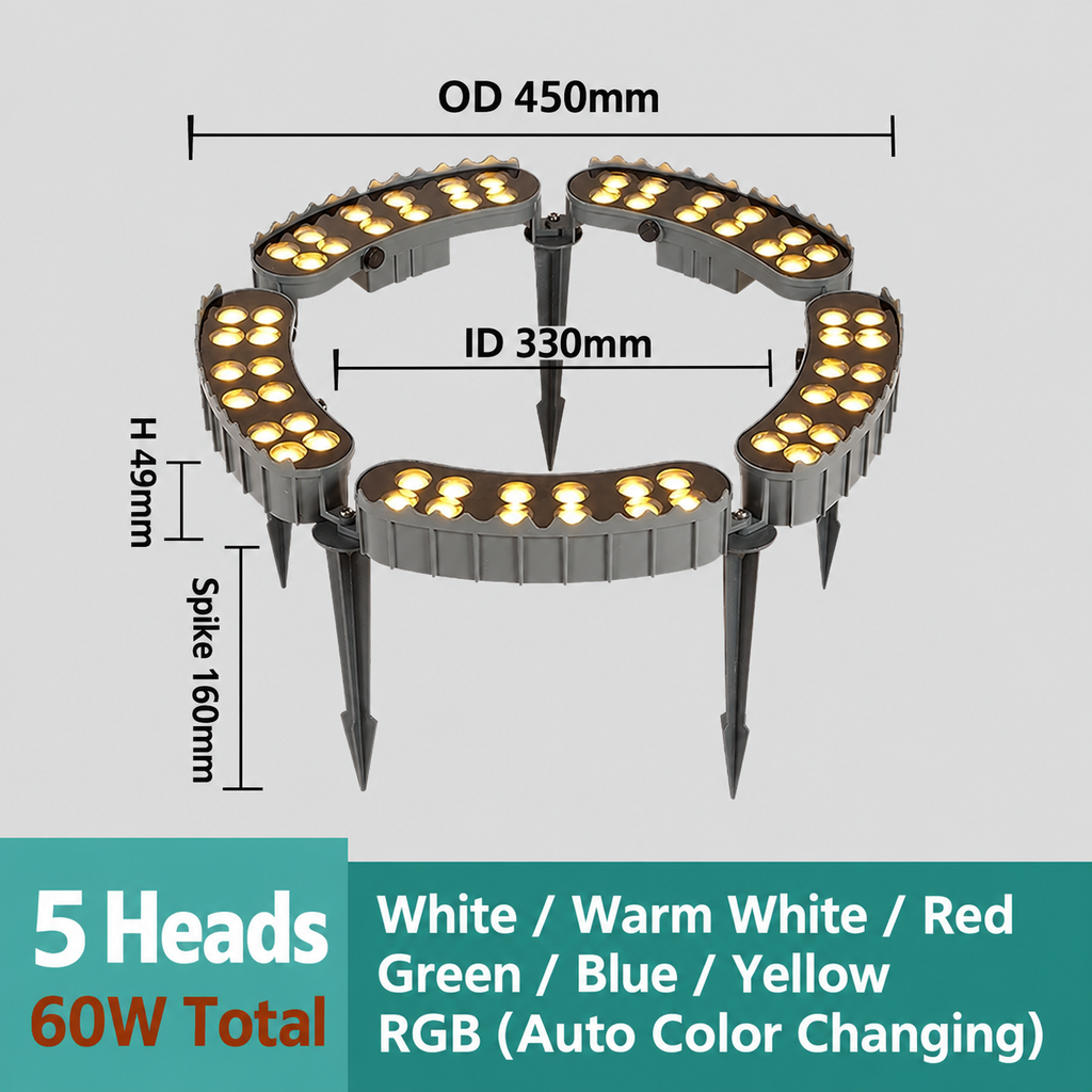 5-head 60W LED tree ring uplight, OD450mm ID330mm H49mm, 160mm ground spikes and seven lighting colors