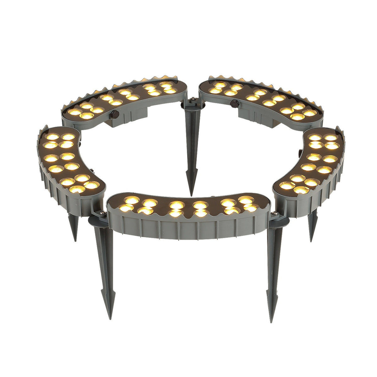 Five-head LED tree ring uplight with illuminated LEDs and ground spikes, shown on a white background.