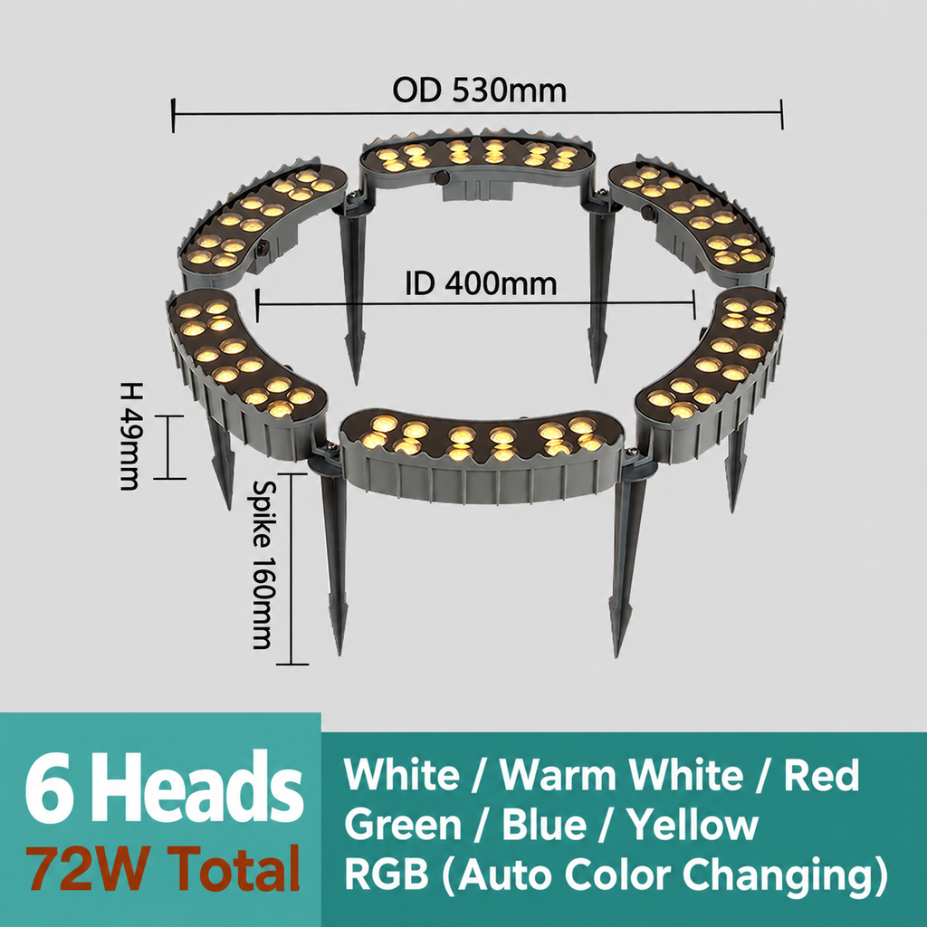6-head 72W LED tree ring uplight, OD530mm ID400mm H49mm, 160mm ground spikes and seven lighting colors