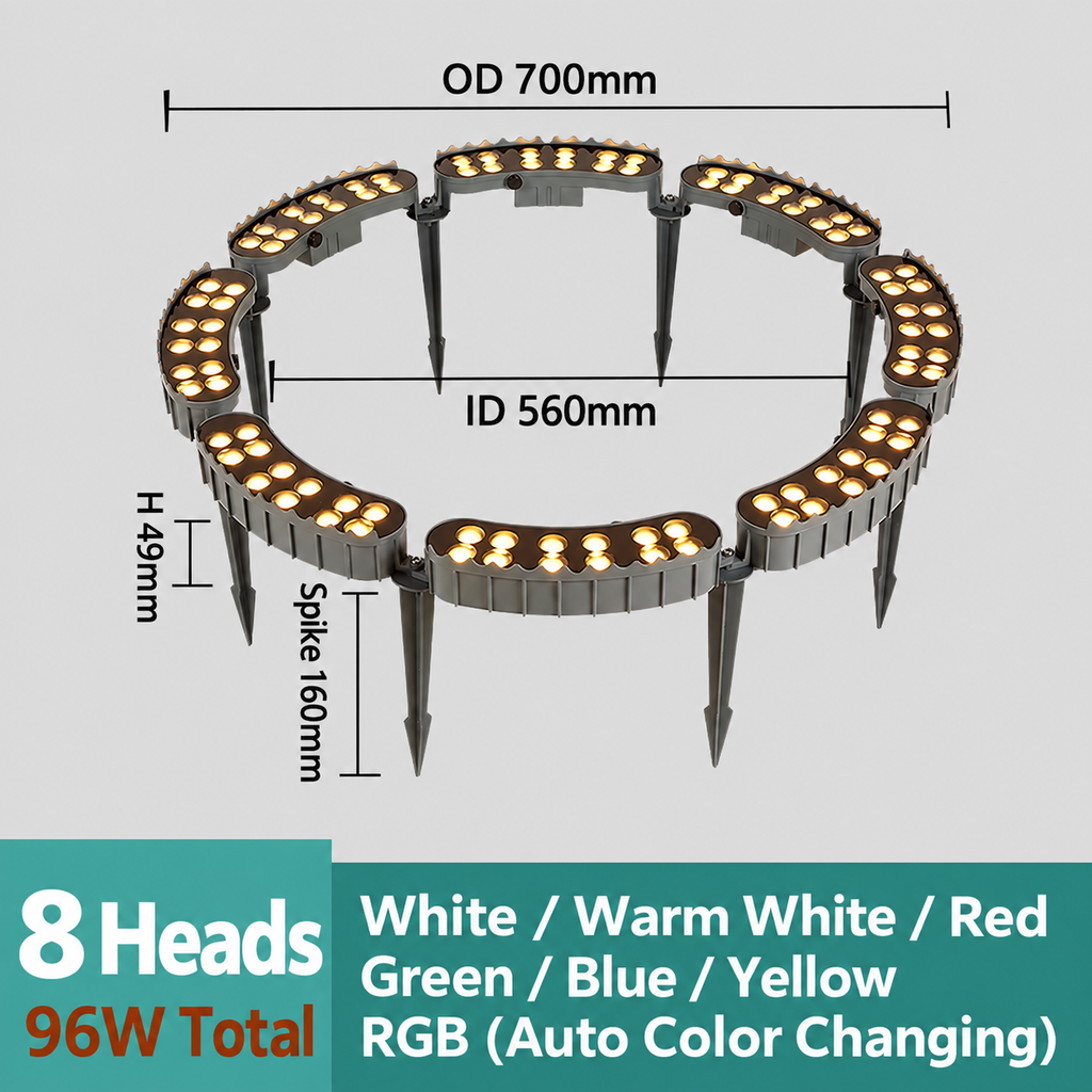 8-head 96W LED tree ring uplight, OD700mm ID560mm H49mm, 160mm ground spikes and seven lighting colors