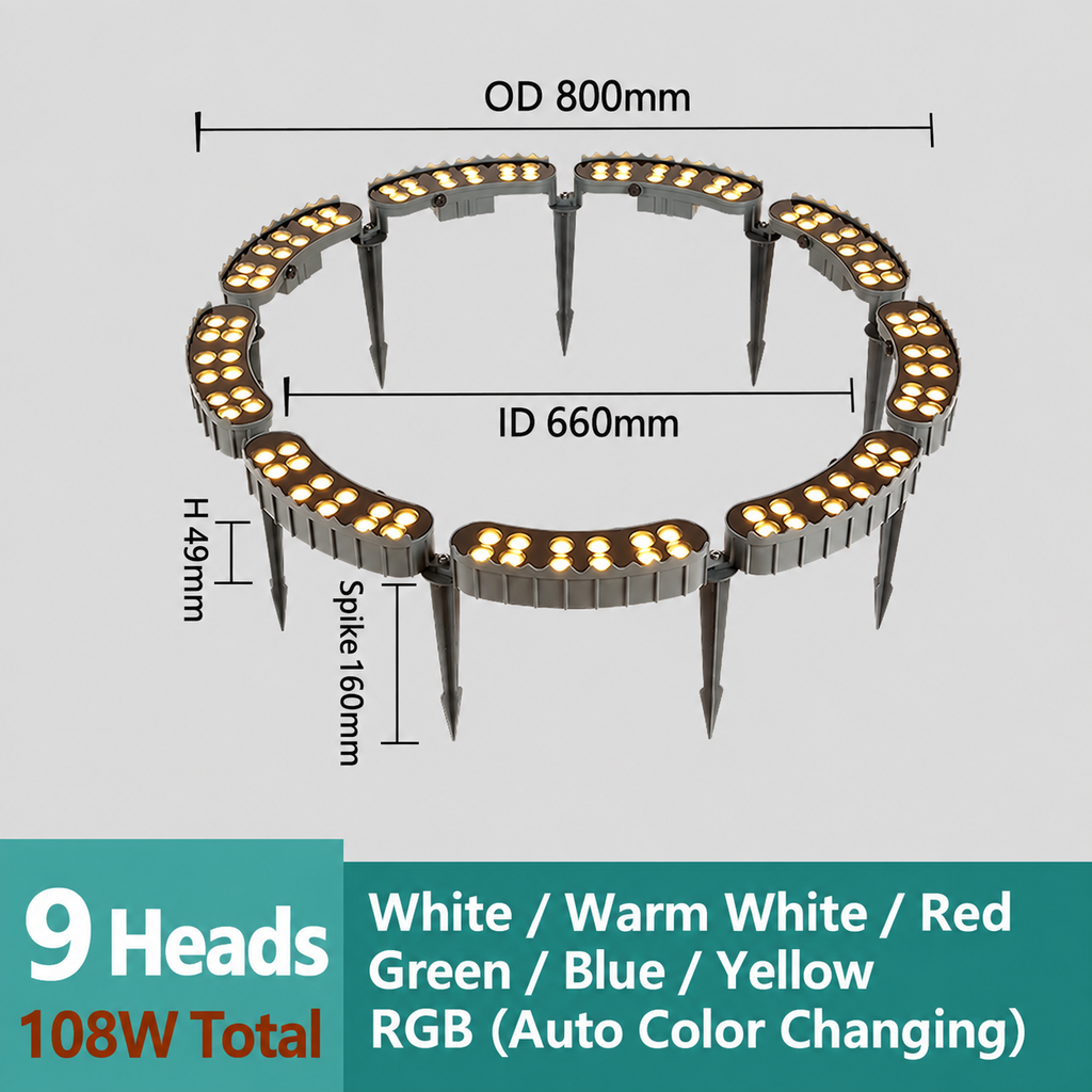 9-head 108W LED tree ring uplight, OD800mm ID660mm H49mm, 160mm ground spikes and seven lighting colors