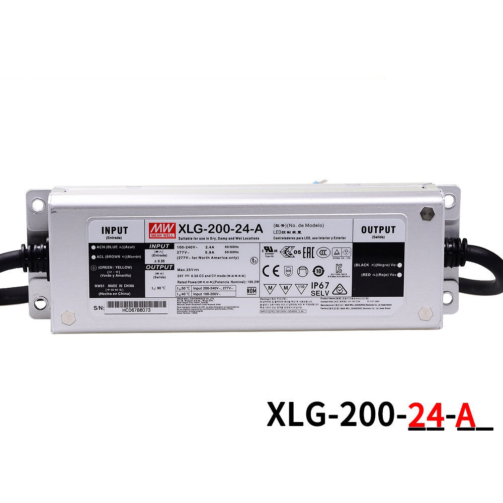 Mean Well XLG-200-24-A 24V LED driver label for outdoor LED floodlights