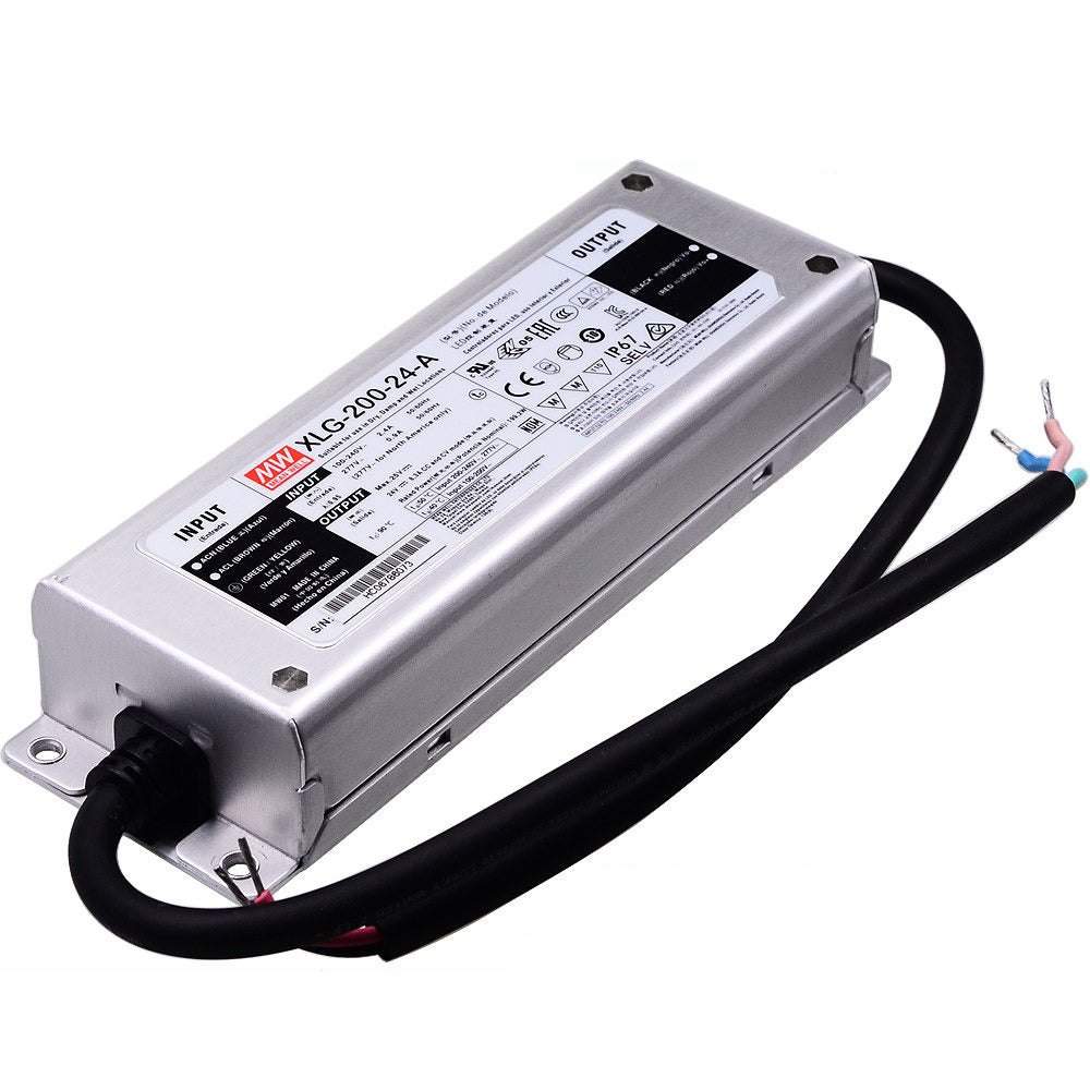Mean Well XLG-200 waterproof LED driver side view with input and output cables