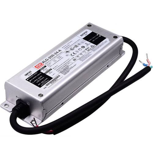 Mean Well XLG-200 waterproof LED driver side view with input and output cables