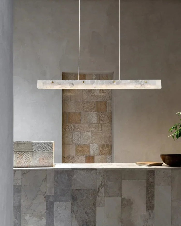 Close up detail of natural stone linear alabaster pendant light